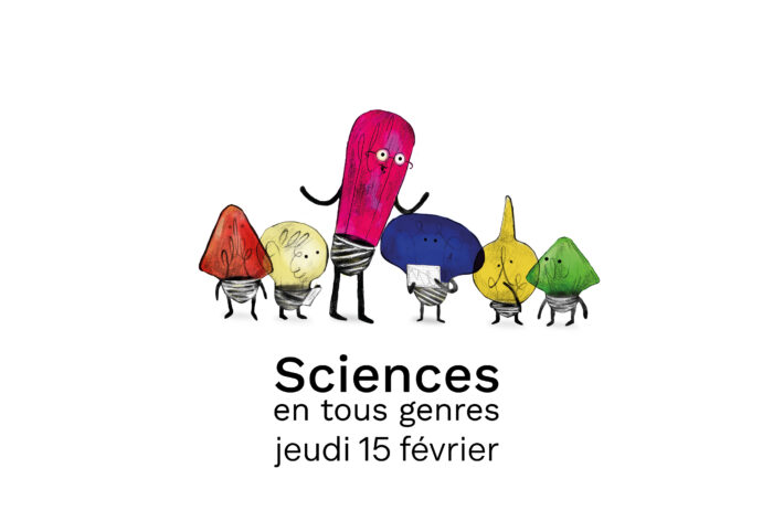 Visuel de Sciences en tous genres. Des petits personnages en forme d'ampoules colorées parlent entre elles