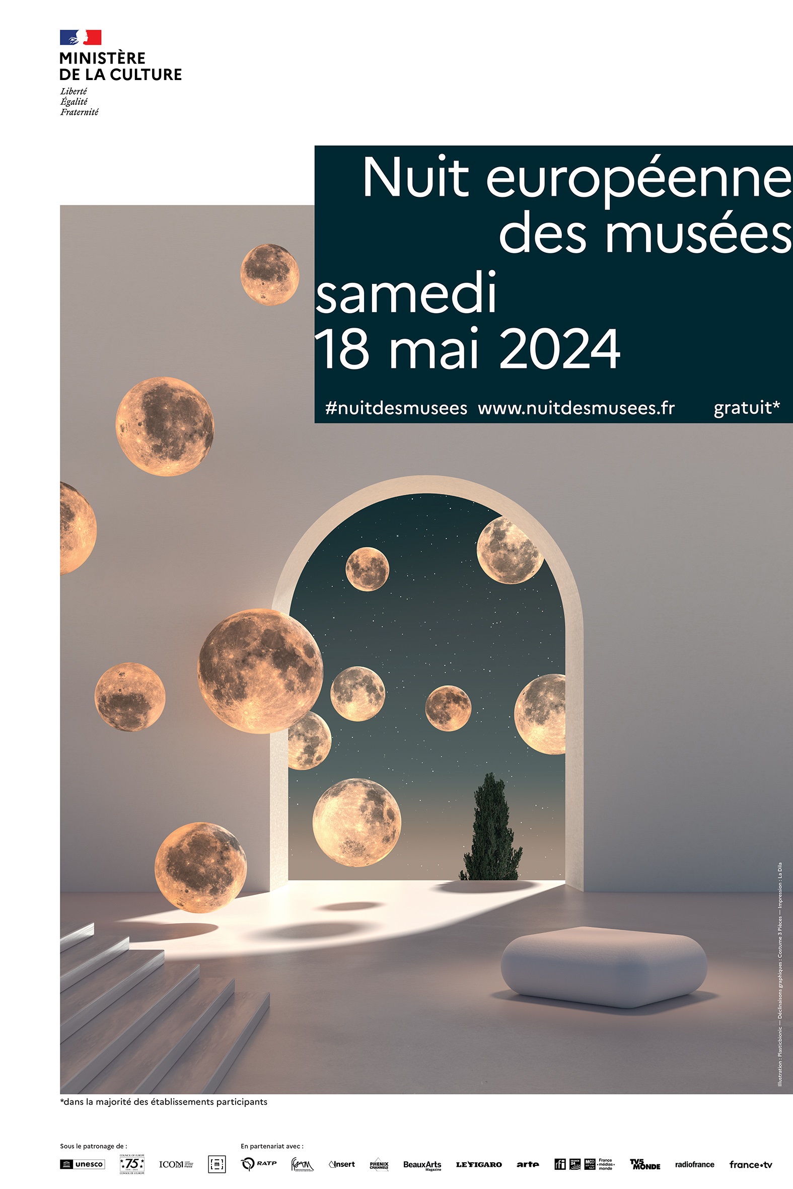 Affiche 2024 de la nuit des musées. Des lunes apparaissent dans l'encadrement d'une alcôve donnant sur l'extérieur. L'intérieur est épurée pour représenter un musée.